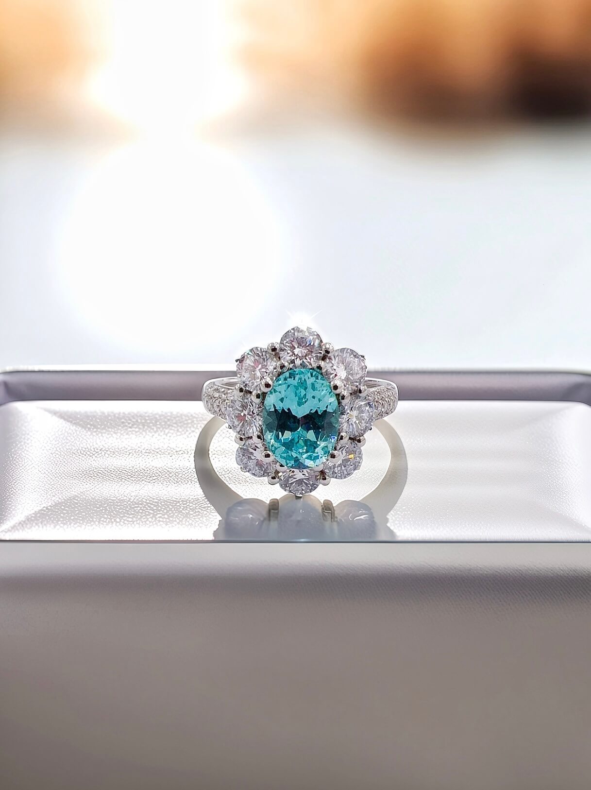 Halo setting oval cut lab grown Paraiba engagement ring 07