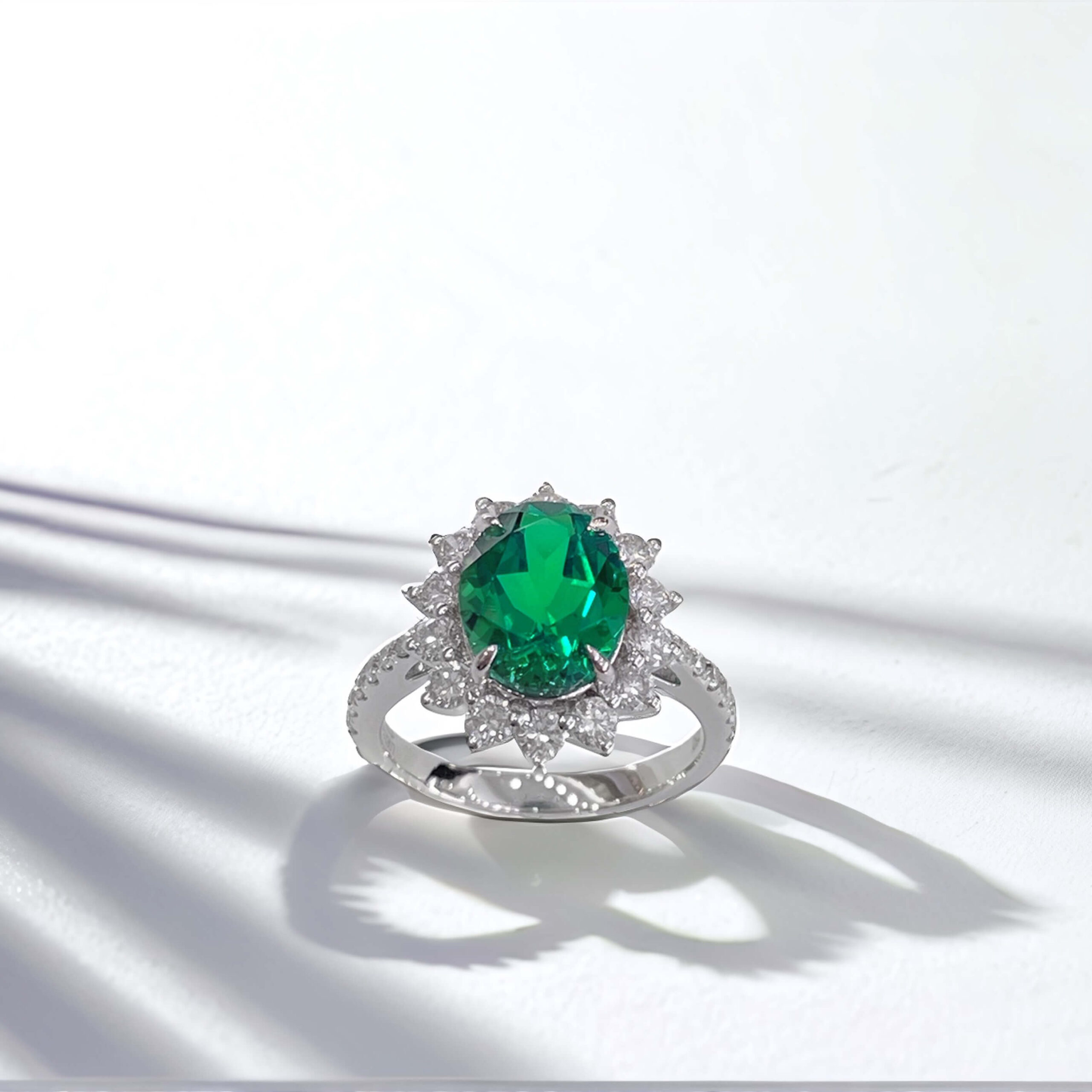 Halo setting oval cut lab grown emerald engagement ring 02 Halo setting oval cut lab grown emerald engagement ring 02