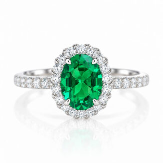 Halo setting oval cut lab grown emerald engagement ring