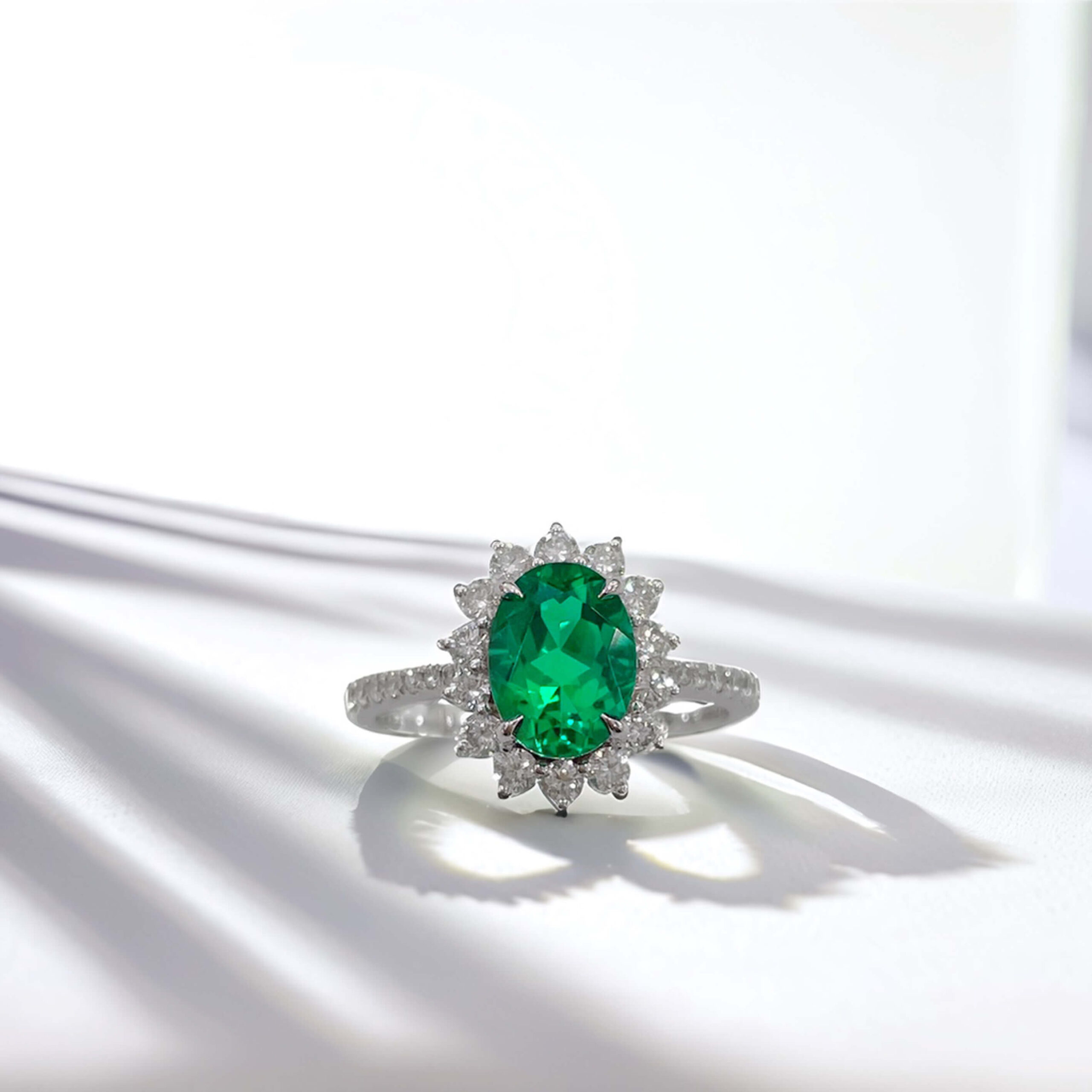 Halo setting oval cut lab grown emerald engagement ring 02 Halo setting oval cut lab grown emerald engagement ring 02
