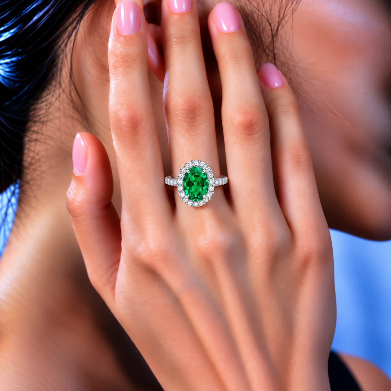 Halo setting oval cut lab grown emerald engagement ring Halo setting oval cut lab grown emerald engagement ring