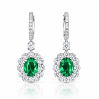 Halo setting oval cut lab grown emerald hoop earrings
