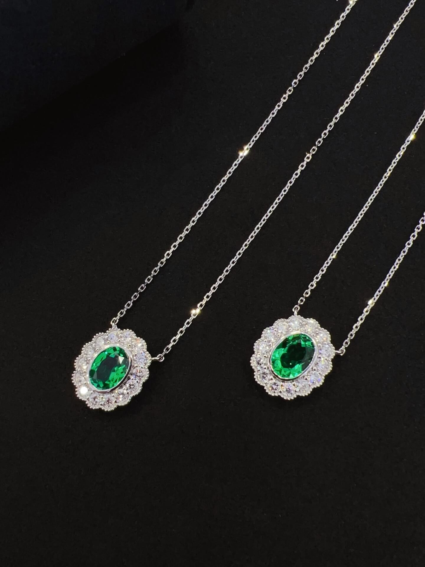 Halo setting oval cut lab grown emerald pendant necklace 01