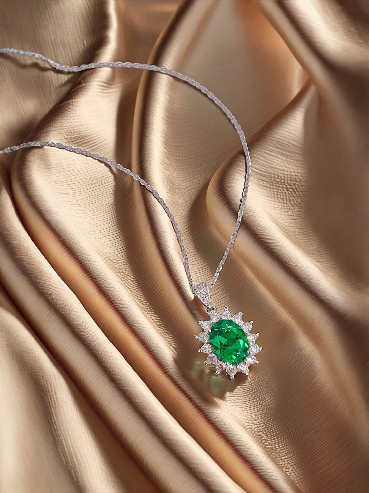 Halo setting oval cut lab grown emerald pendant necklace 02