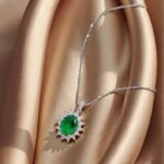 Halo setting oval cut lab grown emerald pendant necklace 02