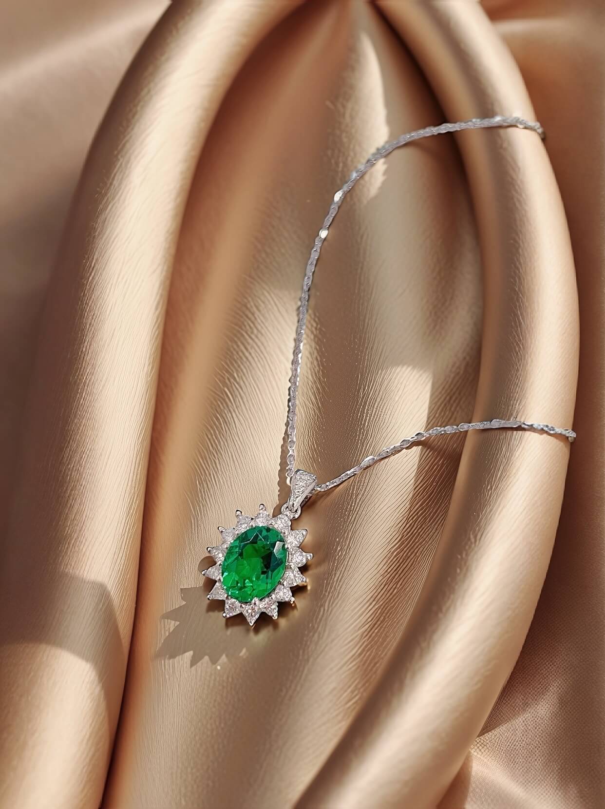 Halo setting oval cut lab grown emerald pendant necklace 02
