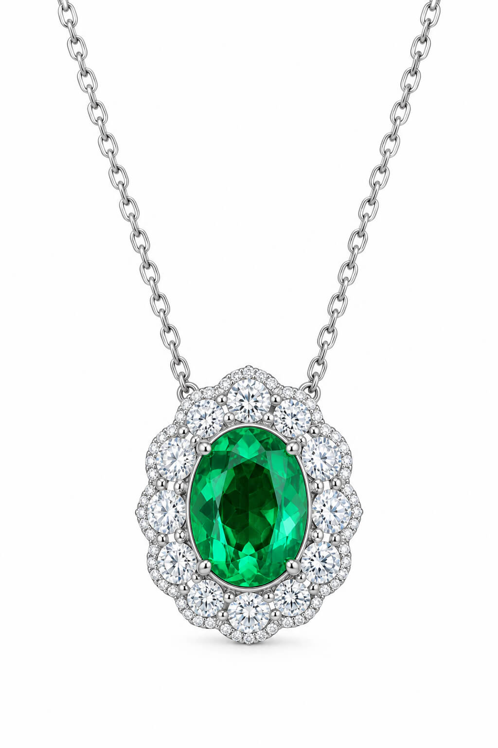 Halo setting oval cut lab grown emerald pendant necklace 01