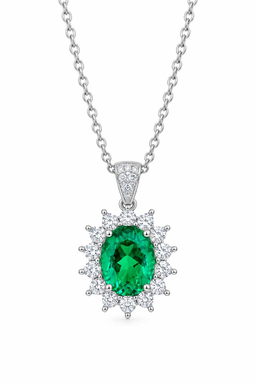 Halo setting oval cut lab grown emerald pendant necklace 02