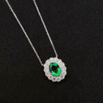 Halo setting oval cut lab grown emerald pendant necklace 01