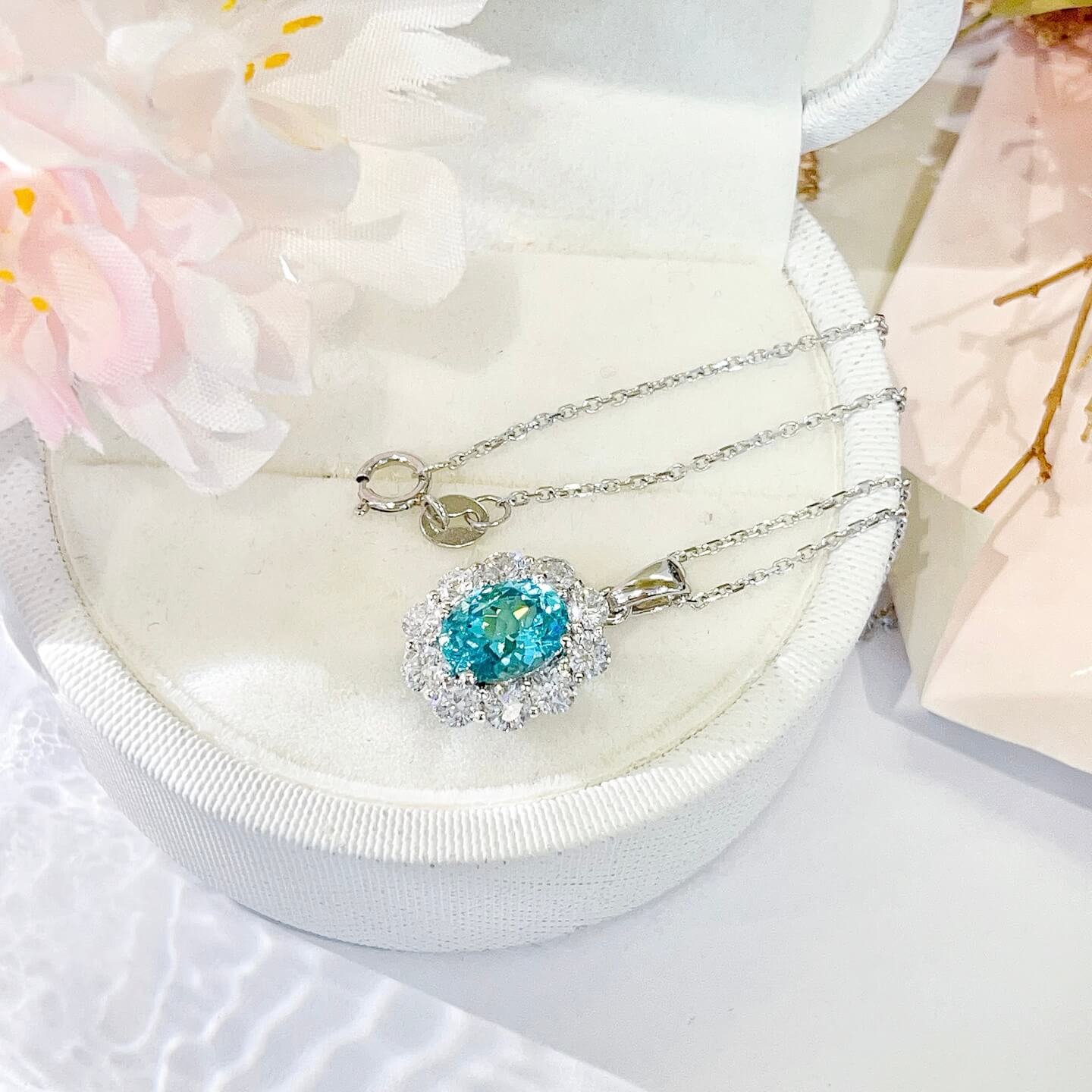 Halo setting oval cut lab grown paraiba pendant necklace 02