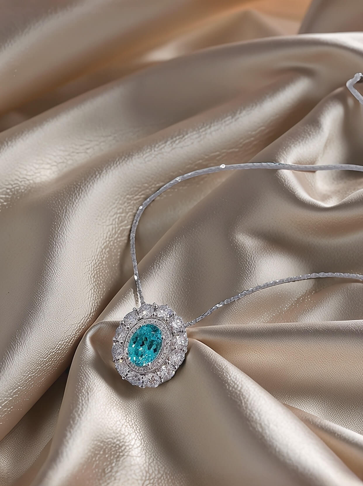 Halo setting oval cut lab grown paraiba pendant necklace 01 Halo setting oval cut lab grown paraiba pendant necklace 01
