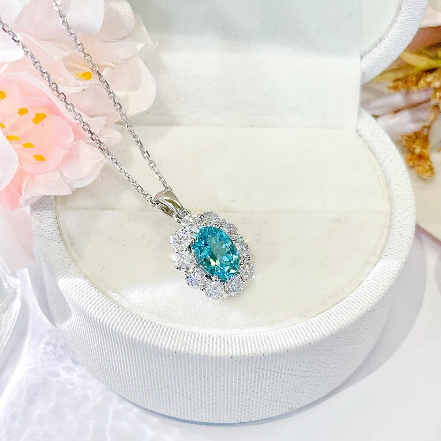 Halo setting oval cut lab grown paraiba pendant necklace 02