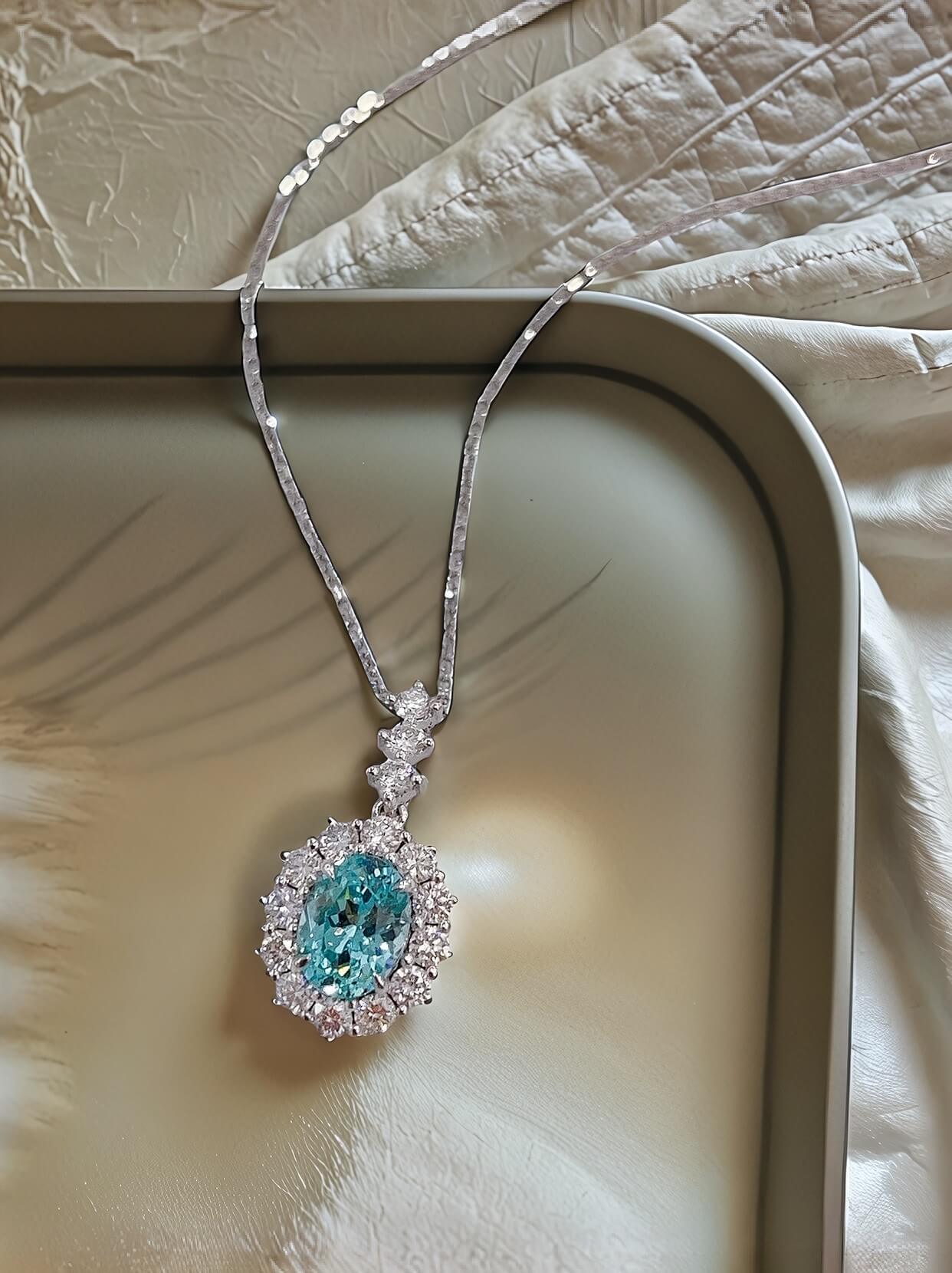 Halo setting oval cut lab grown paraiba pendant necklace 04