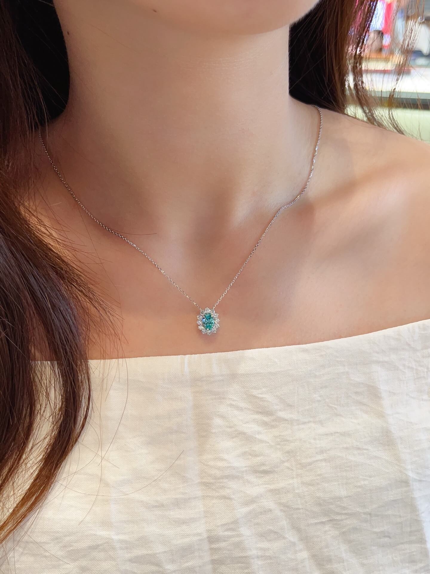 Halo setting oval cut lab grown paraiba pendant necklace 05