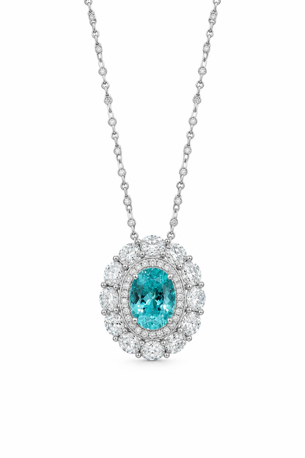 Halo setting oval cut lab grown paraiba pendant necklace 01 Halo setting oval cut lab grown paraiba pendant necklace 01
