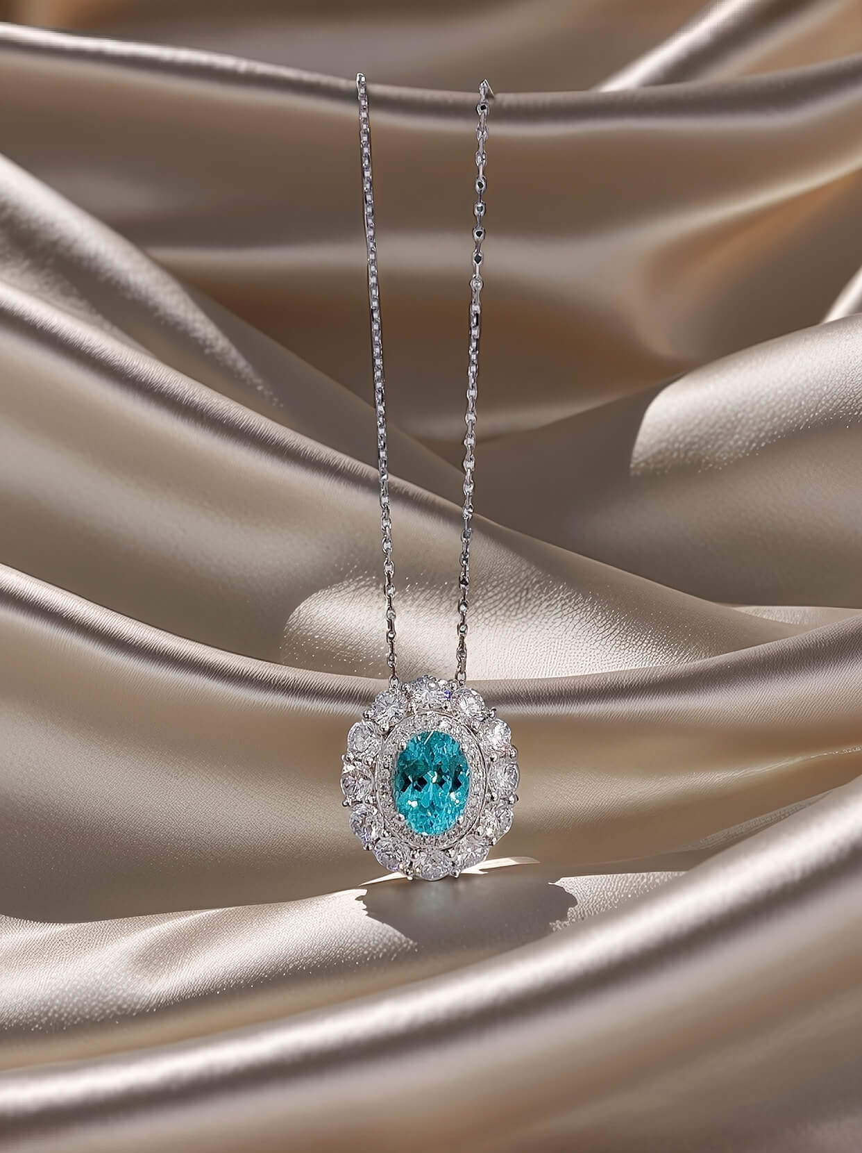 Halo setting oval cut lab grown paraiba pendant necklace 01 Halo setting oval cut lab grown paraiba pendant necklace 01