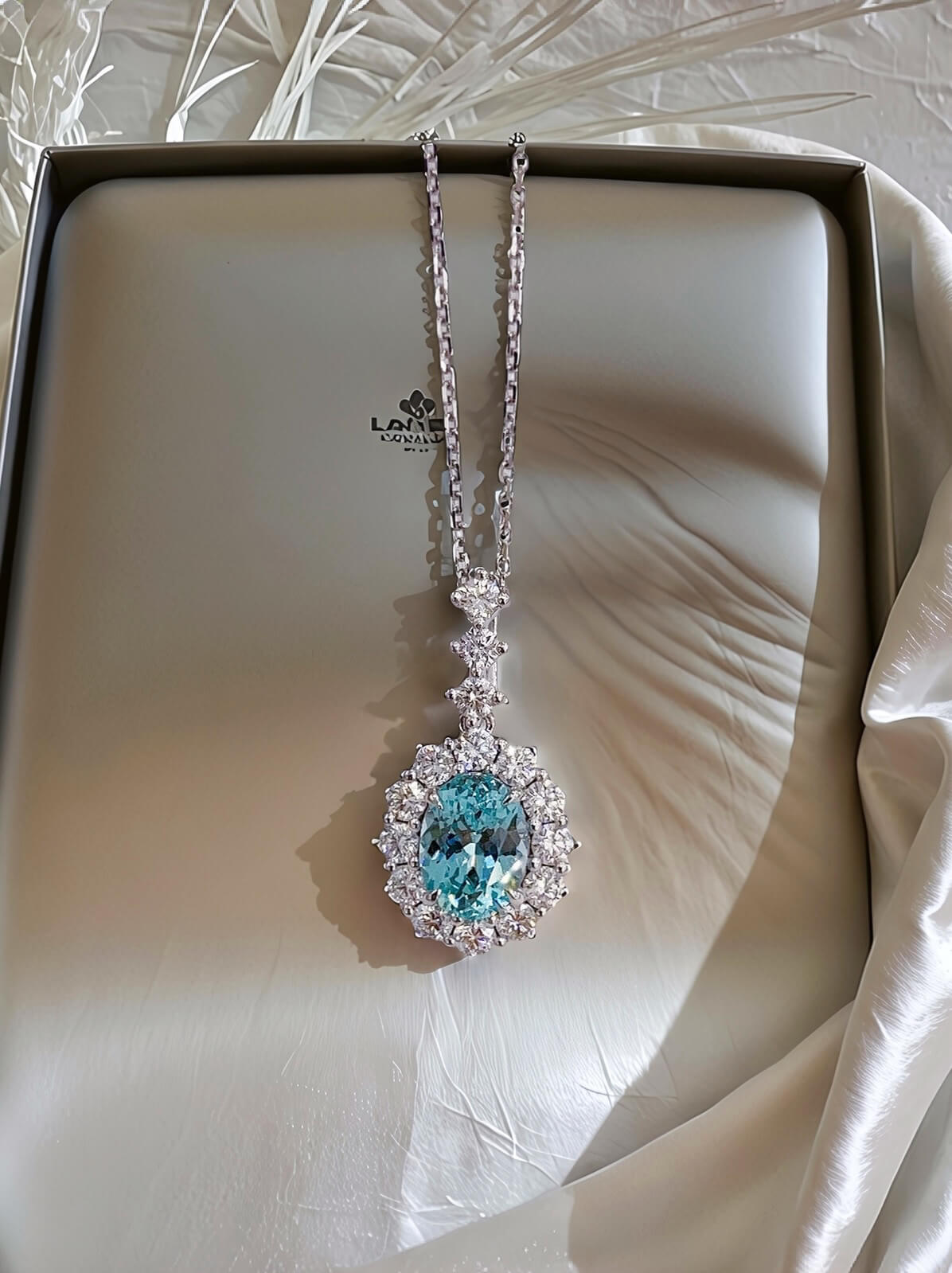 Halo setting oval cut lab grown paraiba pendant necklace 04