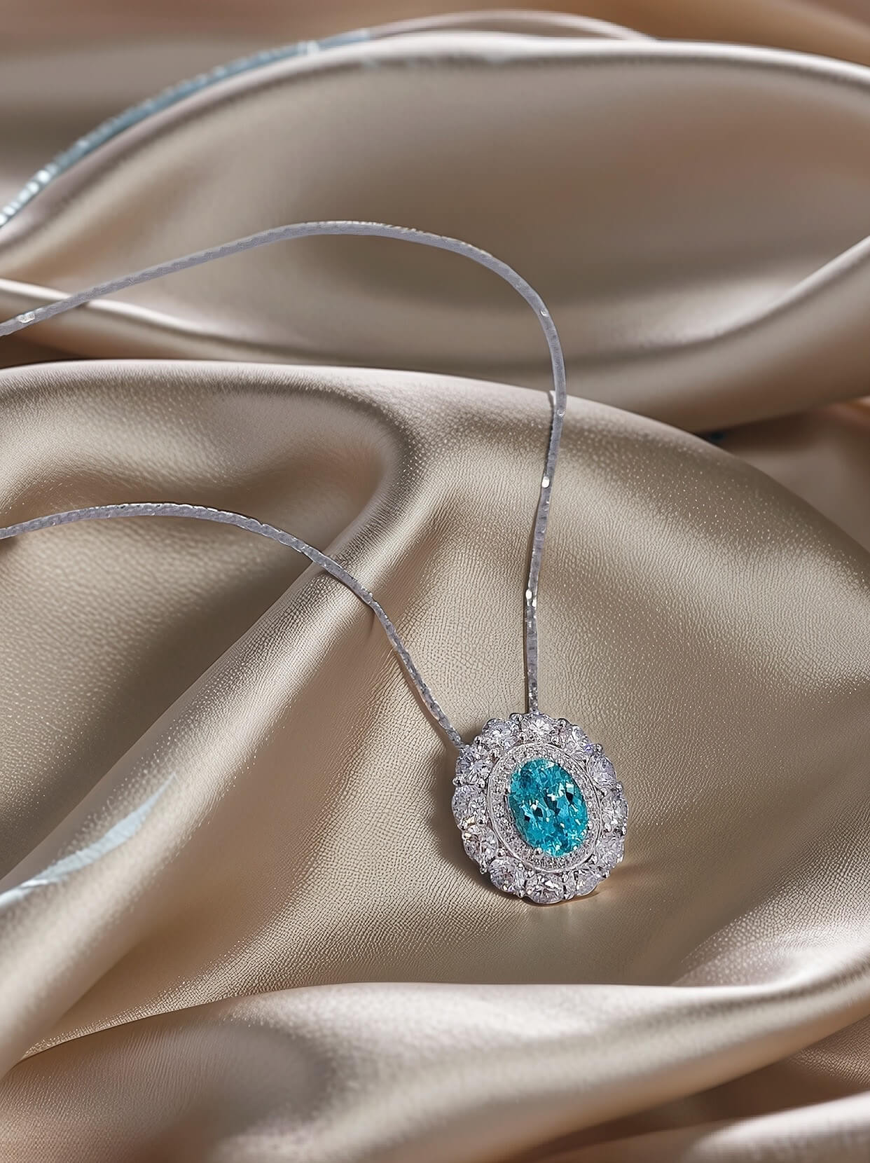 Halo setting oval cut lab grown paraiba pendant necklace 01 Halo setting oval cut lab grown paraiba pendant necklace 01