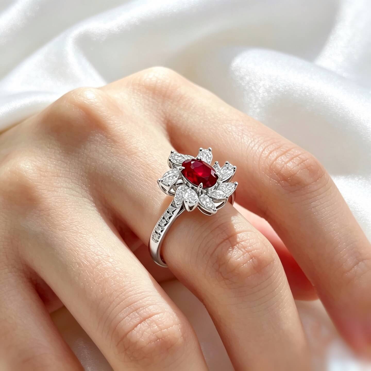 Halo setting oval cut lab grown ruby engagement ring Halo setting oval cut lab grown ruby engagement ring