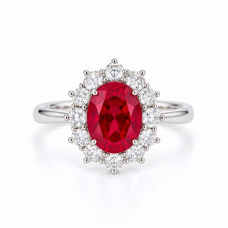 Accueil 24 Halo setting oval cut lab grown ruby engagement ring