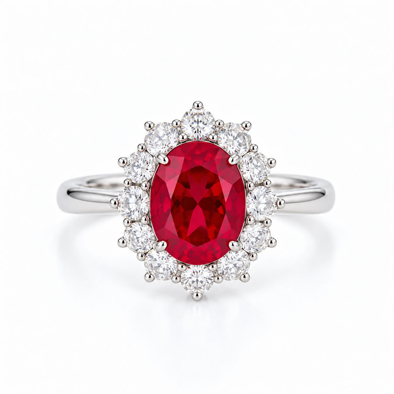 Halo setting oval cut lab grown ruby engagement ring