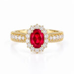Halo setting oval cut lab grown ruby engagement ring