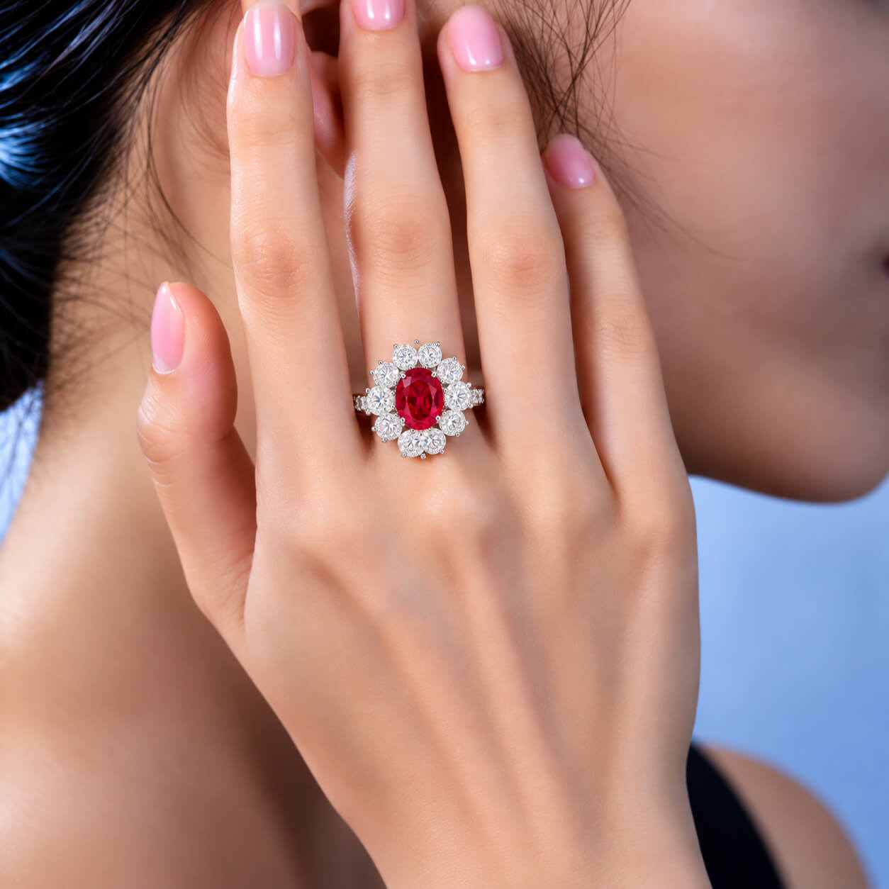 Halo setting oval cut lab grown ruby engagement ring Halo setting oval cut lab grown ruby engagement ring
