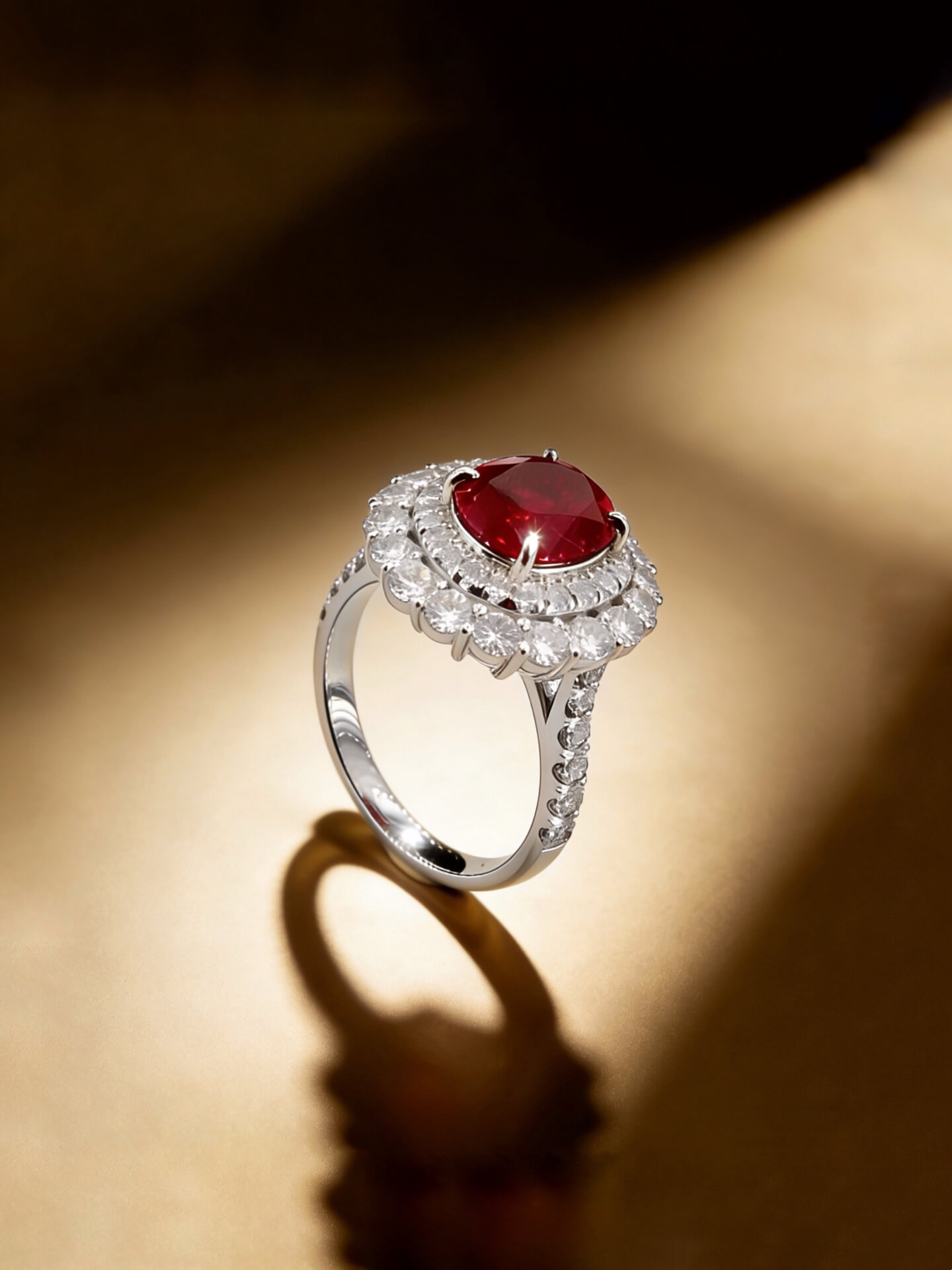 Halo setting oval cut lab grown ruby engagement ring 05 Halo setting oval cut lab grown ruby engagement ring 05