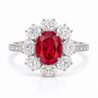 Accueil 26 Halo setting oval cut lab grown ruby engagement ring