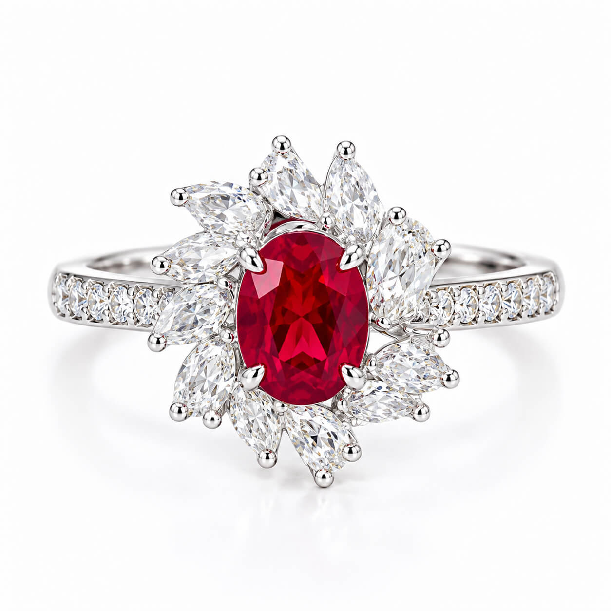 Halo setting oval cut lab grown ruby engagement ring Halo setting oval cut lab grown ruby engagement ring