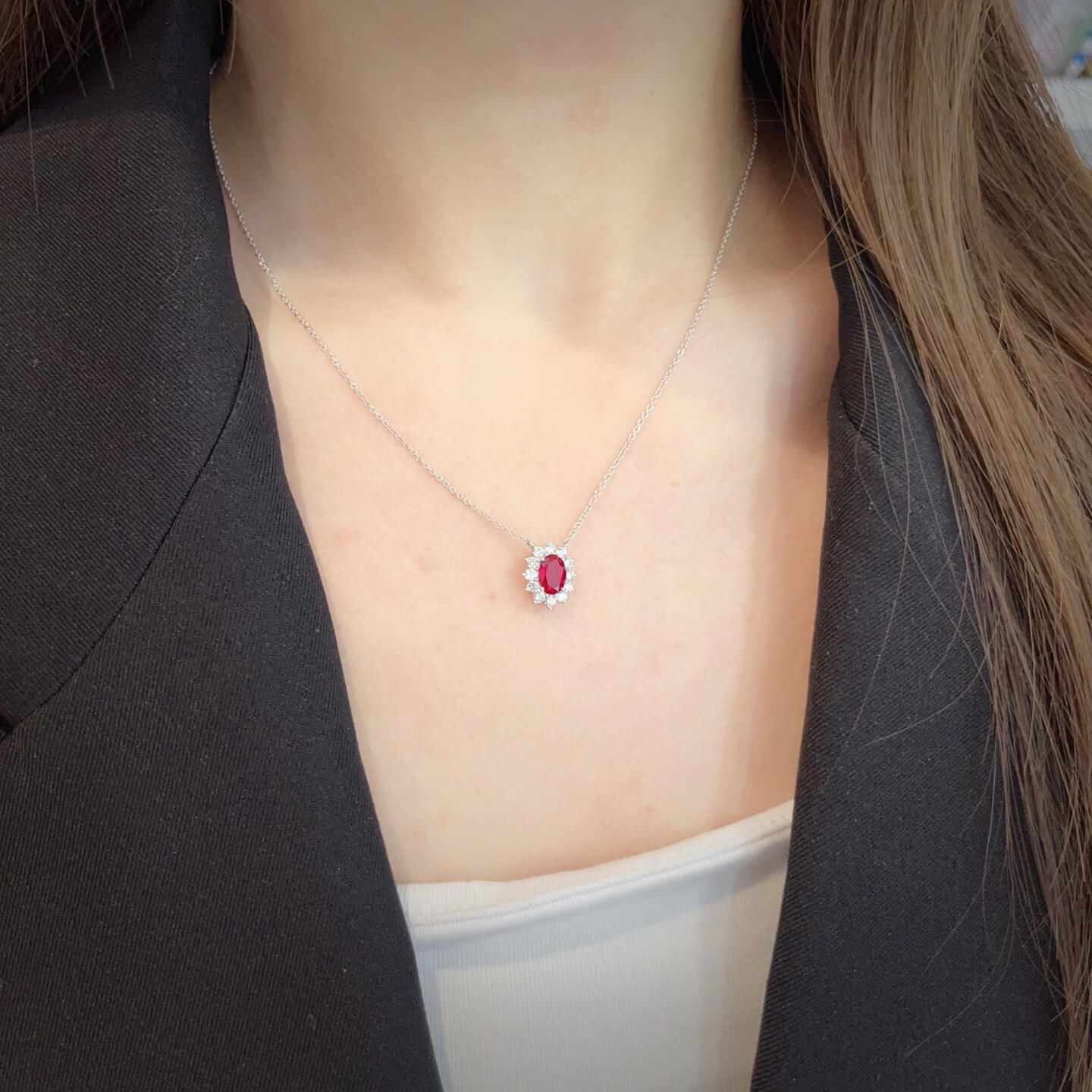 Halo setting oval cut lab grown ruby pendant necklace 02 Halo setting oval cut lab grown ruby pendant necklace 02