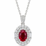 Halo setting oval cut lab grown ruby pendant necklace 01