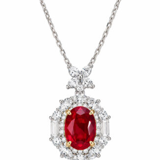Halo setting oval cut lab grown ruby pendant necklace 03