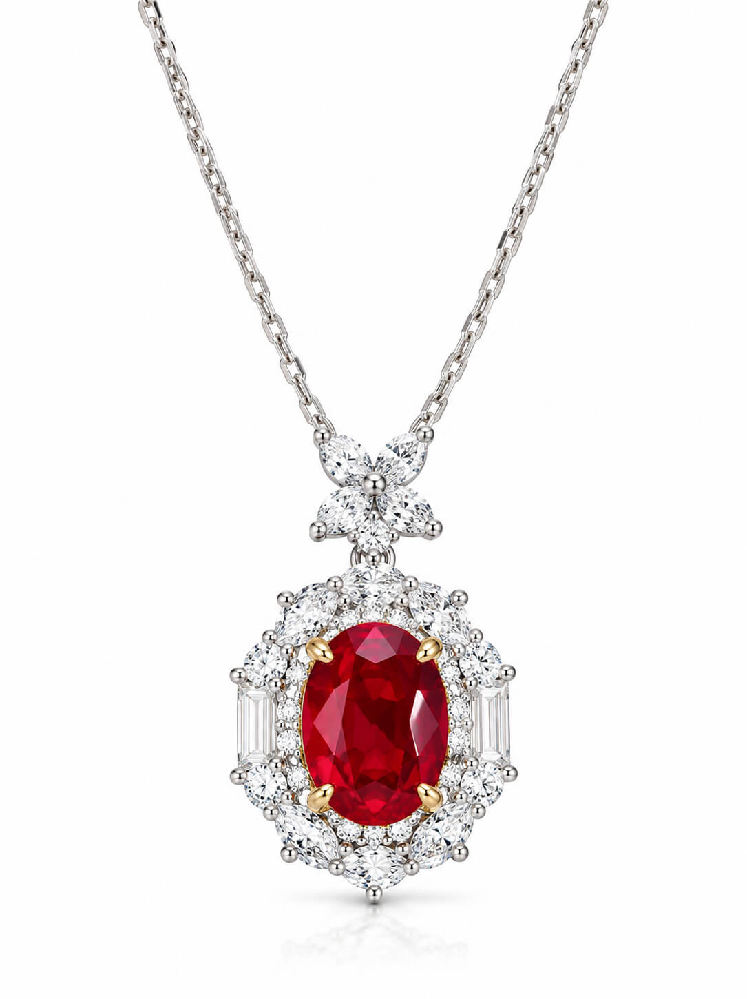 Halo setting oval cut lab grown ruby pendant necklace 03
