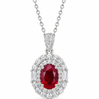 Halo setting oval cut lab grown ruby pendant necklace 01