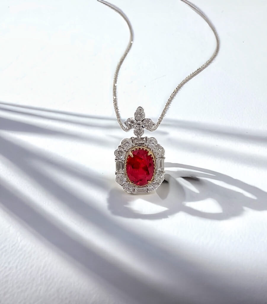 Halo setting oval cut lab grown ruby pendant necklace 03