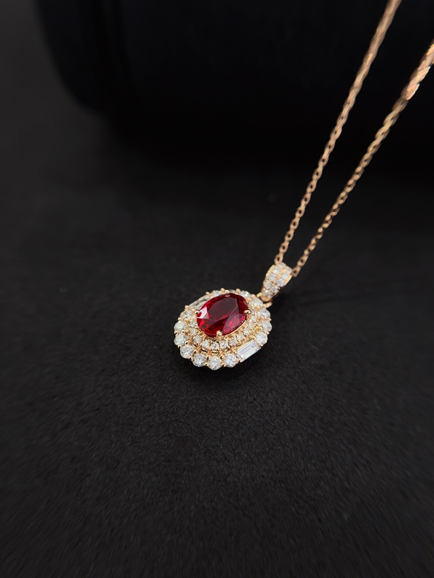 Halo setting oval cut lab grown ruby pendant necklace 01
