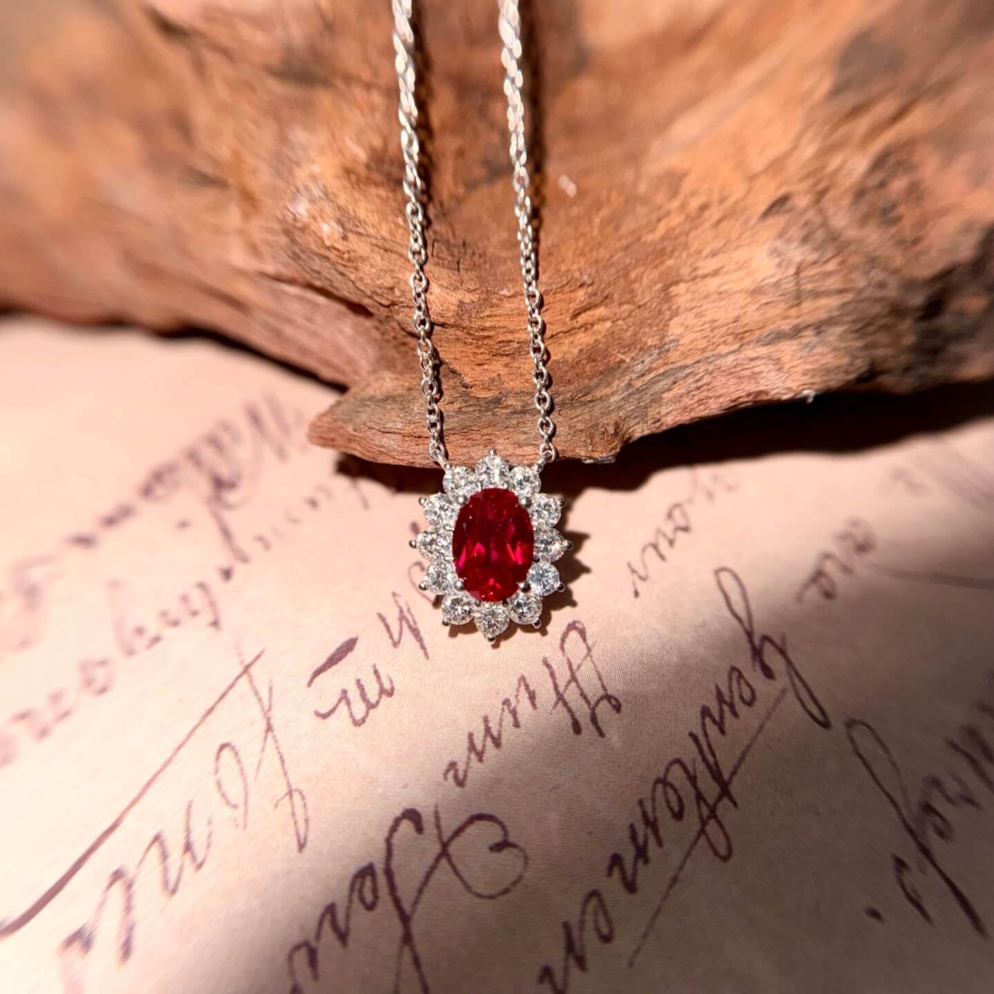 Halo setting oval cut lab grown ruby pendant necklace 02 Halo setting oval cut lab grown ruby pendant necklace 02