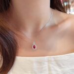 Halo setting oval cut lab grown ruby pendant necklace 03