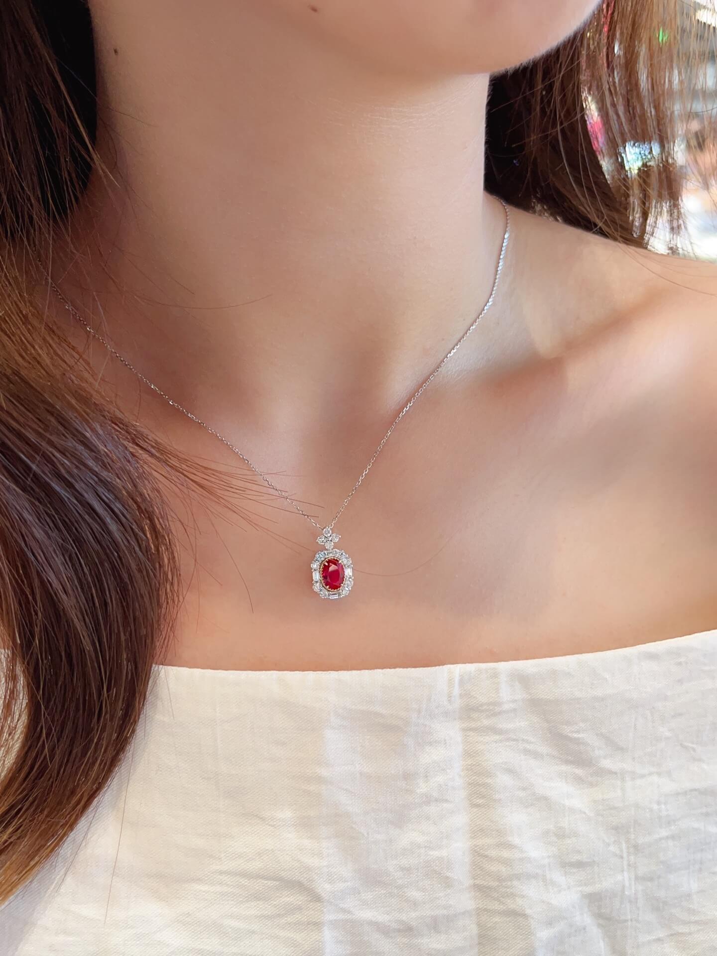 Halo setting oval cut lab grown ruby pendant necklace 03