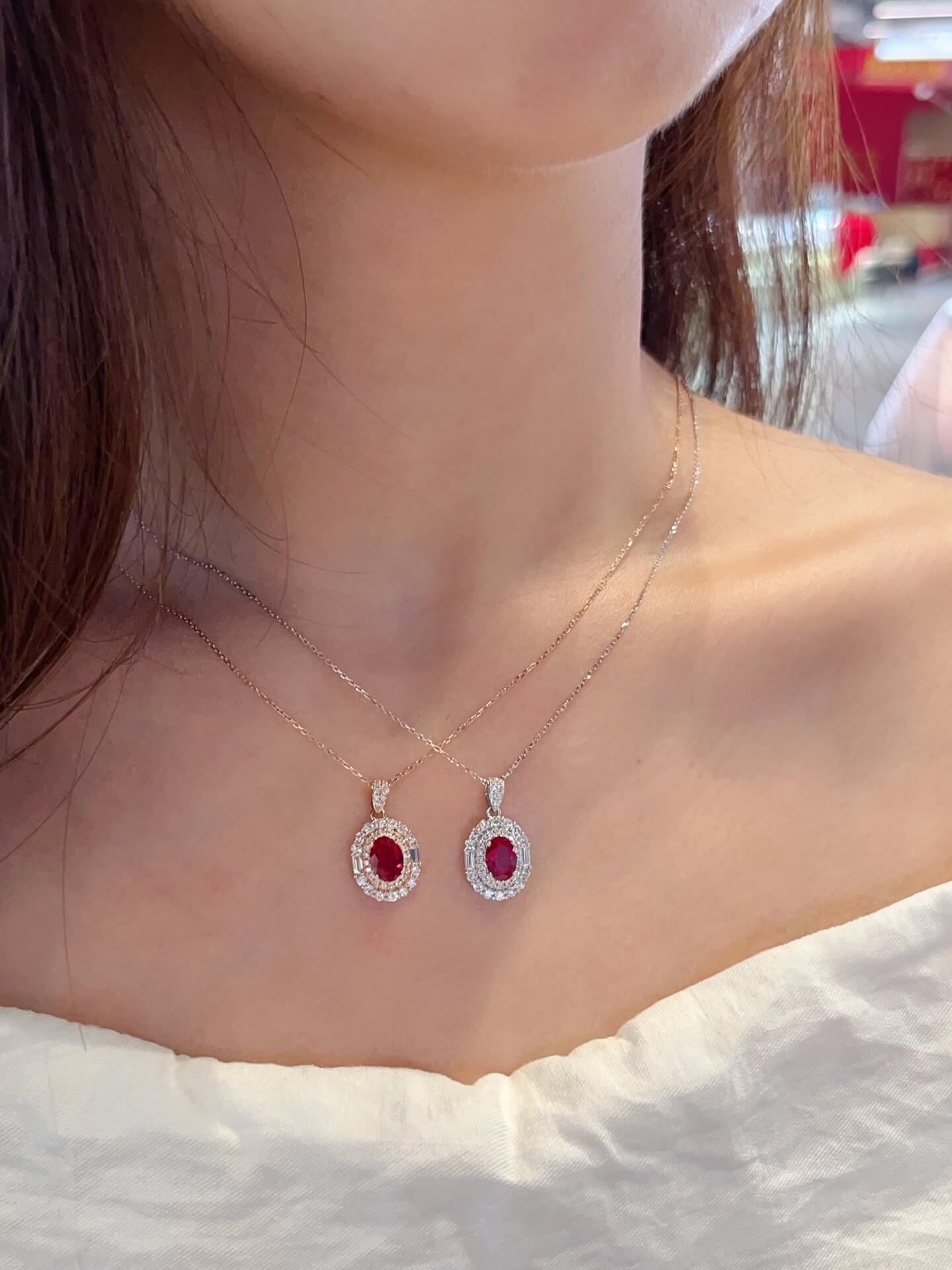 Halo setting oval cut lab grown ruby pendant necklace 01