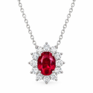 Halo setting oval cut lab grown ruby pendant necklace