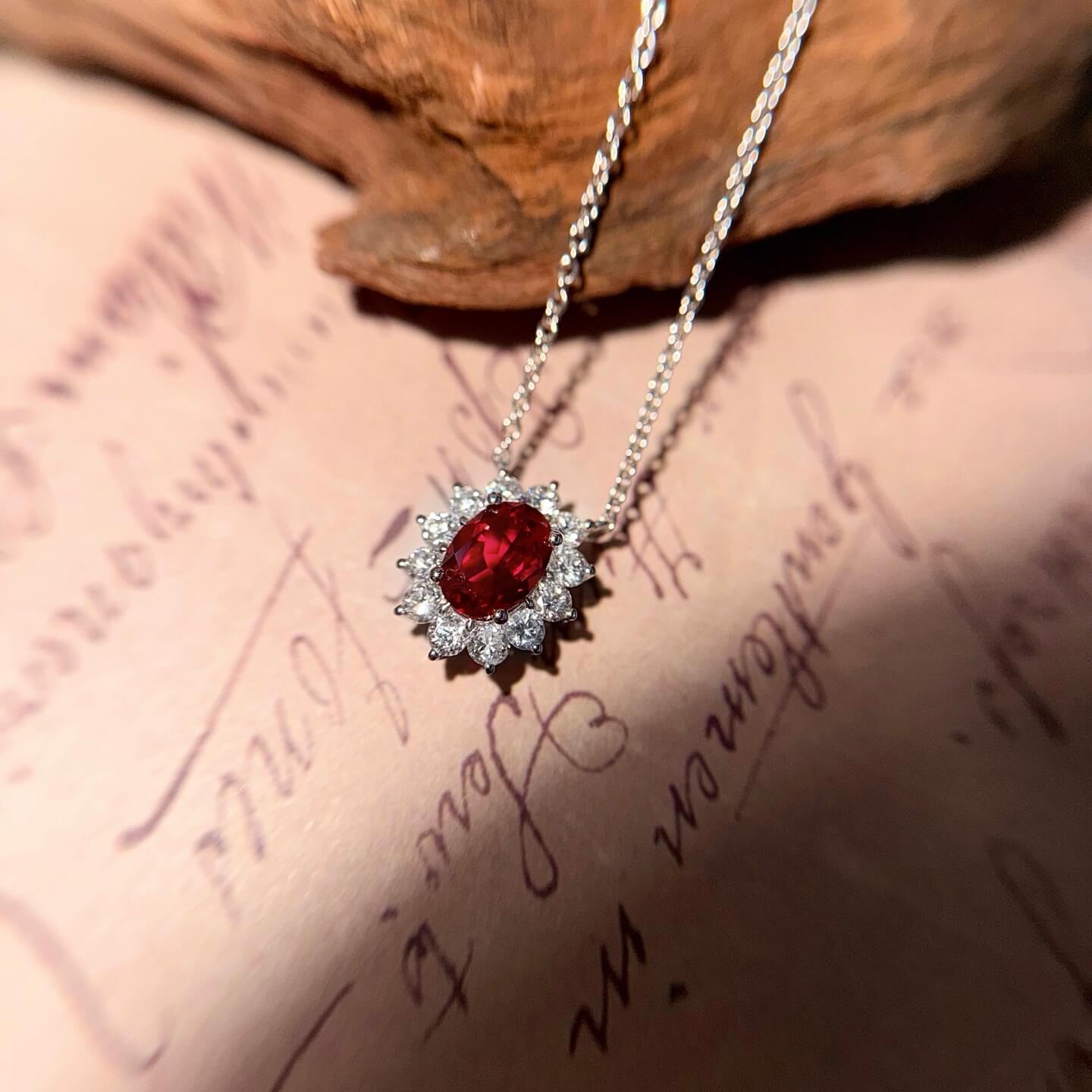 Halo setting oval cut lab grown ruby pendant necklace 02 Halo setting oval cut lab grown ruby pendant necklace 02