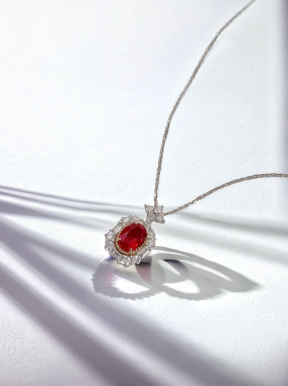 Halo setting oval cut lab grown ruby pendant necklace 03