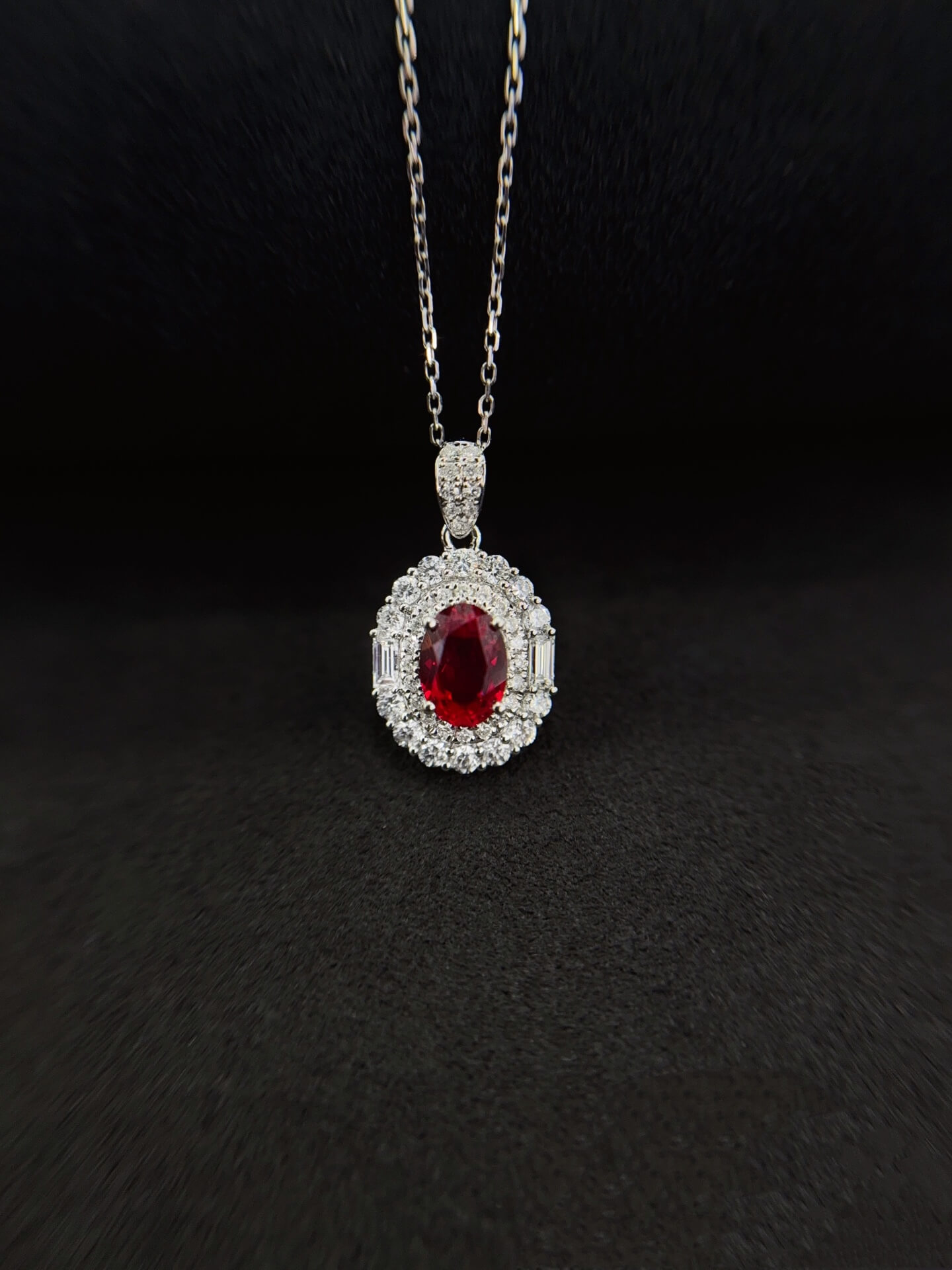 Halo setting oval cut lab grown ruby pendant necklace 01