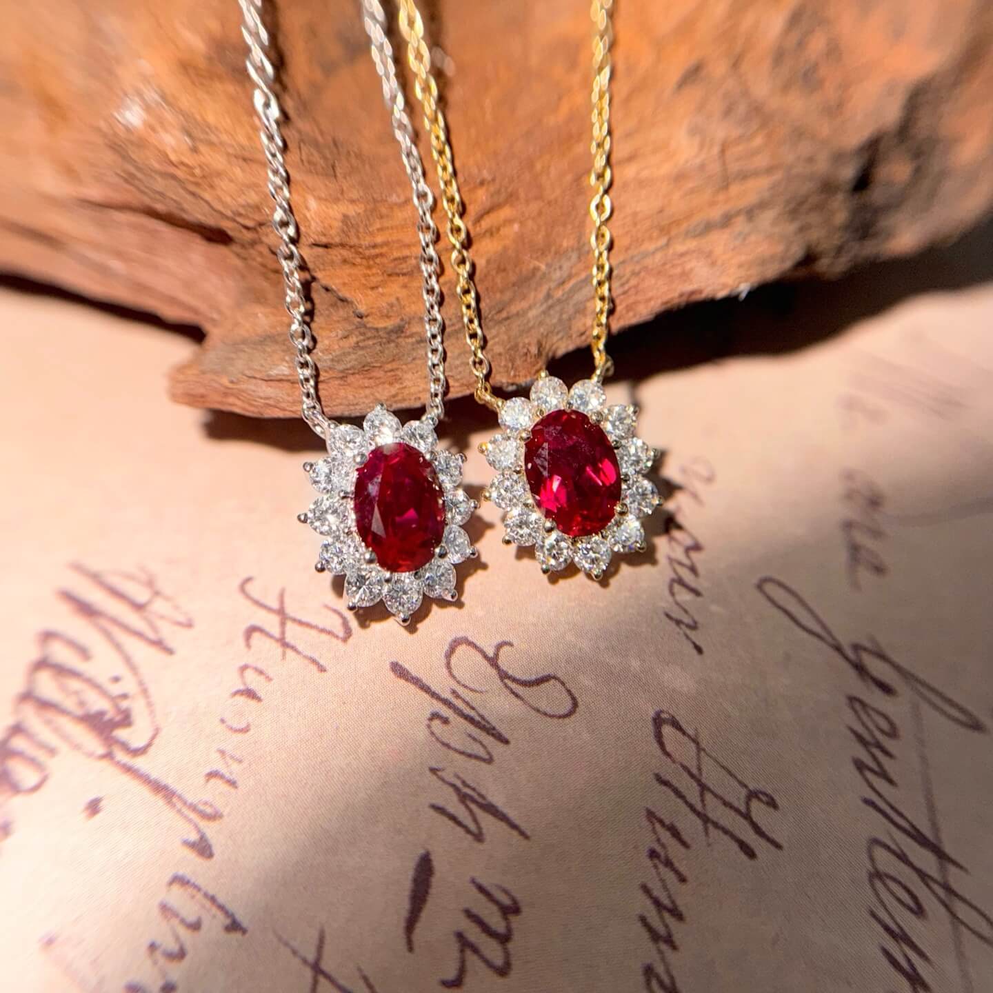 Halo setting oval cut lab grown ruby pendant necklace 02 Halo setting oval cut lab grown ruby pendant necklace 02