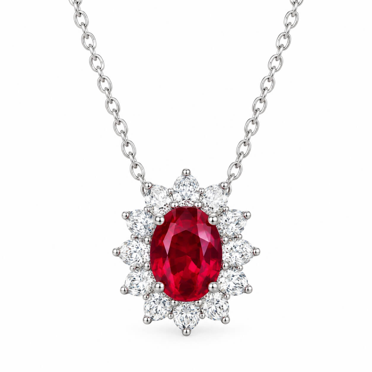 Halo setting oval cut lab grown ruby pendant necklace Halo setting oval cut lab grown ruby pendant necklace