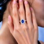 Halo setting oval cut lab grown sapphire engagement ring 02