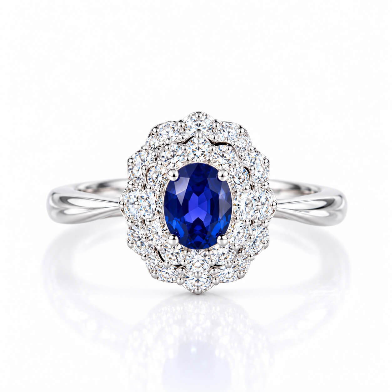 Halo setting oval cut lab grown sapphire engagement ring 03 Halo setting oval cut lab grown sapphire engagement ring 03