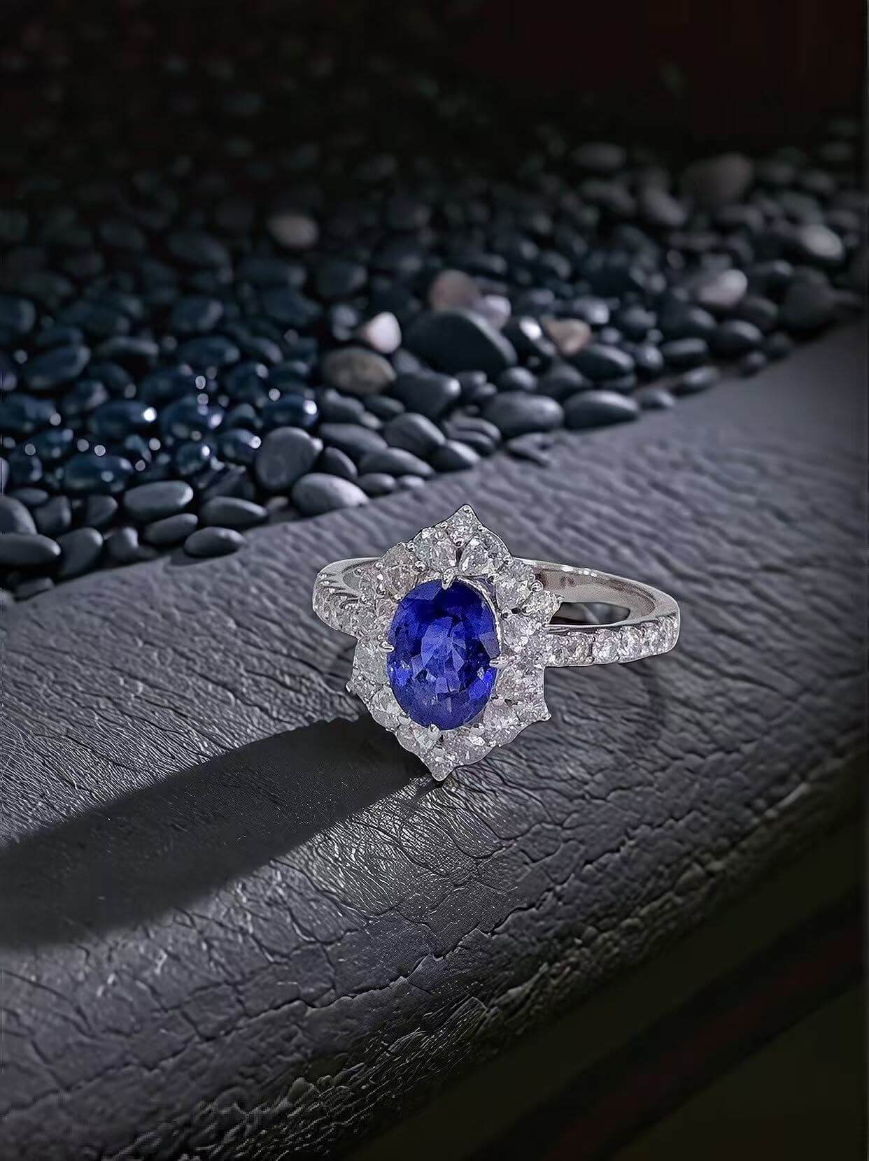 Halo setting oval cut lab grown sapphire engagement ring 02